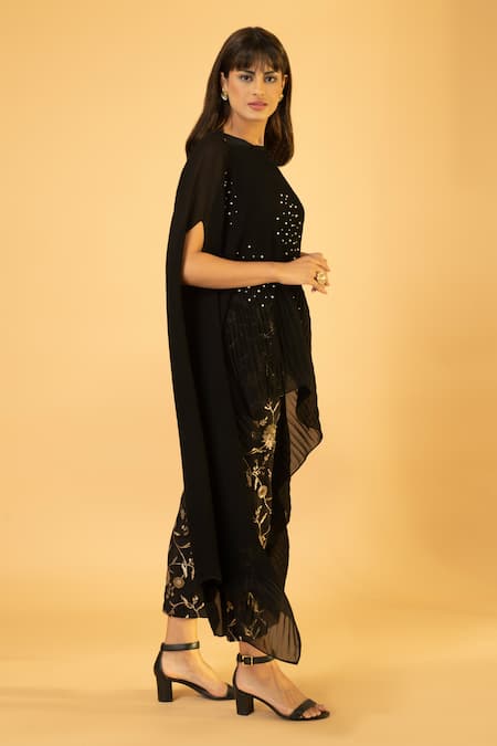 Shop_Preeti Mehta_Black Georgette, Viscose, Silk Embroidered Kaftan With Flower Banarasi Pant _Online_at_Aza_Fashions