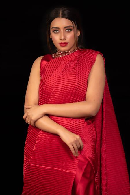 Preeti Mehta Red Polyester Sequins High Neck Pleated Saree With Hand Embroidered Blouse Online at Aza Fashions Preeti Mehta_Red Polyester Sequins High Neck Pleated Saree With Hand Embroidered Blouse _Online_at_Aza_Fashions