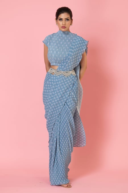 Buy_Preeti Mehta_Grey Georgette, Crepe Pearls High Neck Pre-draped Pleated Saree With Blouse _Online_at_Aza_Fashions