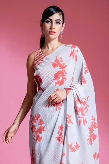 Preeti Mehta_Blue Polyester, Silk Beads Round Neck Floral Print Pleated Saree With Blouse _Online_at_Aza_Fashions