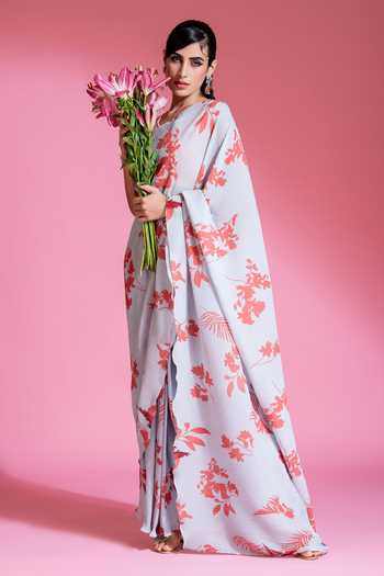 Buy_Preeti Mehta_Blue Polyester, Silk Beads Round Neck Floral Print Pleated Saree With Blouse _Online_at_Aza_Fashions