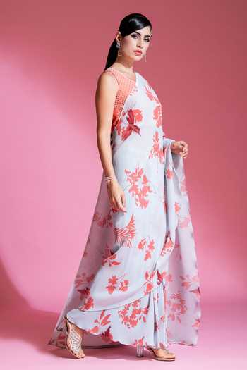 Shop_Preeti Mehta_Blue Polyester, Silk Beads Round Neck Floral Print Pleated Saree With Blouse _Online_at_Aza_Fashions