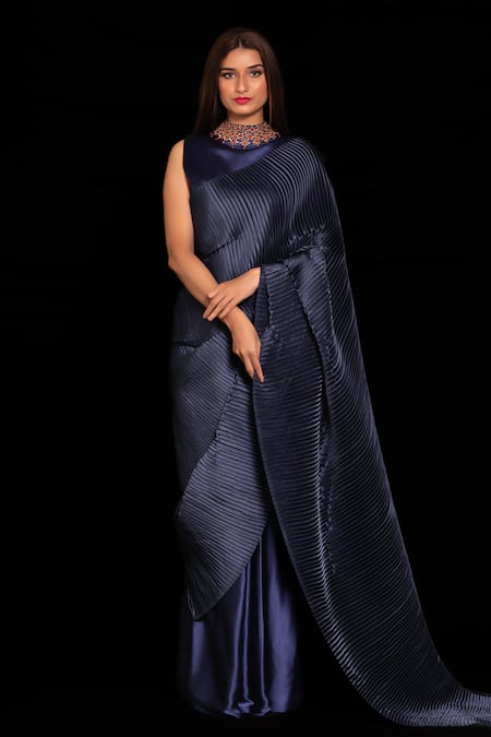 PREETI MEHTA Blue Polyester Placement Hand Embroidery Sequins Pleated Saree With Blouse