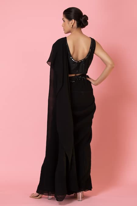 Shop Preeti Mehta Black Georgette, Chiffon Mirrors, Pearls Pleated Saree With Embroidered Blouse at Aza Fashions Shop_Preeti Mehta_Black Georgette, Chiffon Mirrors, Pearls Pleated Saree With Embroidered Blouse _at_Aza_Fashions