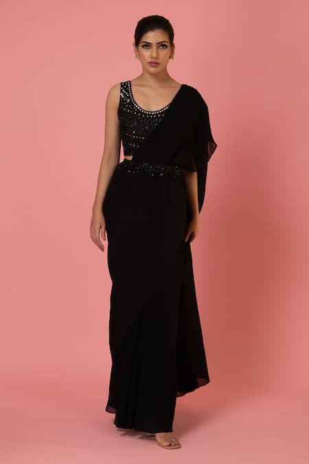 Preeti Mehta Black Georgette, Chiffon Mirrors, Pearls Pleated Saree With Embroidered Blouse Online at Aza Fashions Preeti Mehta_Black Georgette, Chiffon Mirrors, Pearls Pleated Saree With Embroidered Blouse _Online_at_Aza_Fashions