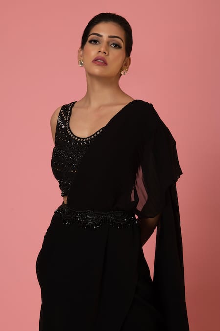 Buy Preeti Mehta Black Georgette, Chiffon Mirrors, Pearls Pleated Saree With Embroidered Blouse Online at Aza Fashions Buy_Preeti Mehta_Black Georgette, Chiffon Mirrors, Pearls Pleated Saree With Embroidered Blouse _Online_at_Aza_Fashions