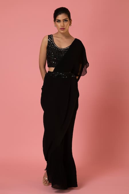 Shop Preeti Mehta Black Georgette, Chiffon Mirrors, Pearls Pleated Saree With Embroidered Blouse Online at Aza Fashions Shop_Preeti Mehta_Black Georgette, Chiffon Mirrors, Pearls Pleated Saree With Embroidered Blouse _Online_at_Aza_Fashions