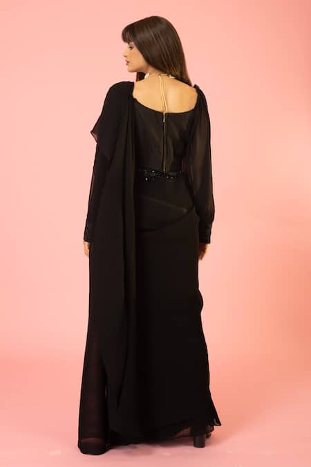 Shop Preeti Mehta Black Georgette, Viscose, Polyester Mirrors, Pleated Saree With Work Blouse at Aza Fashions Shop_Preeti Mehta_Black Georgette, Viscose, Polyester Mirrors, Pleated Saree With Work Blouse _at_Aza_Fashions