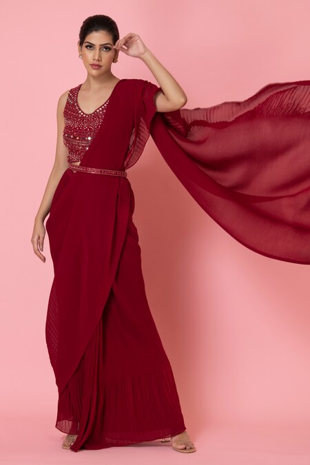PREETI MEHTA Red Georgette In 60% Viscose And 40% Polyester Pre-draped Pleated Saree With Work
