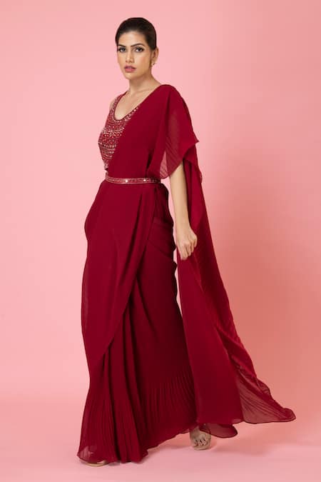Preeti Mehta_Red Georgette, Silk Mirrors Round Pre-draped Pleated Saree With Work Blouse _Online_at_Aza_Fashions