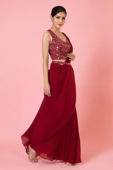 Buy_Preeti Mehta_Red Georgette, Silk Mirrors Round Pre-draped Pleated Saree With Work Blouse _Online_at_Aza_Fashions