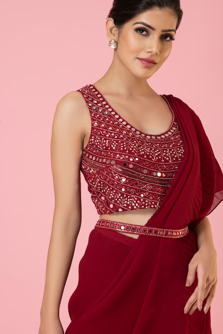 Shop_Preeti Mehta_Red Georgette, Silk Mirrors Round Pre-draped Pleated Saree With Work Blouse _Online_at_Aza_Fashions