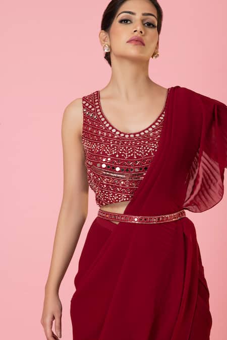 Preeti Mehta_Red Georgette, Silk Mirrors Round Pre-draped Pleated Saree With Work Blouse _at_Aza_Fashions