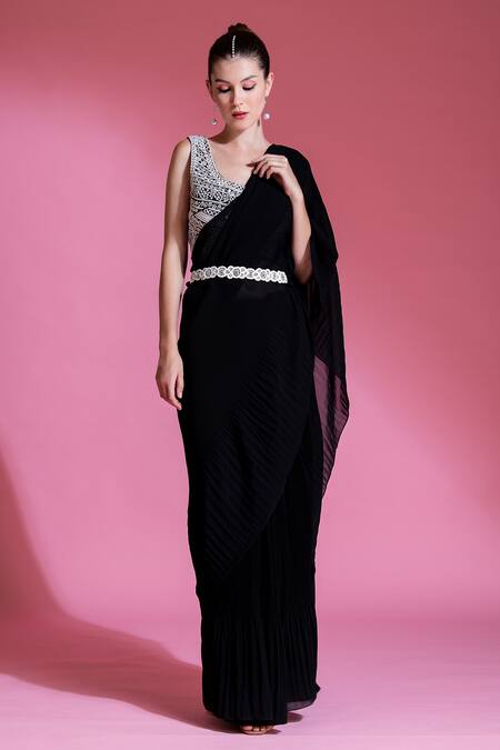 Preeti Mehta Black Georgette, Chiffon Beads Round Neck Pleated Saree With Mirror Work Blouse Online at Aza Fashions Preeti Mehta_Black Georgette, Chiffon Beads Round Neck Pleated Saree With Mirror Work Blouse _Online_at_Aza_Fashions