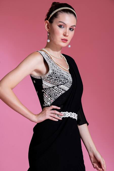 Buy Preeti Mehta Black Georgette, Chiffon Beads Round Neck Pleated Saree With Mirror Work Blouse Online at Aza Fashions Buy_Preeti Mehta_Black Georgette, Chiffon Beads Round Neck Pleated Saree With Mirror Work Blouse _Online_at_Aza_Fashions