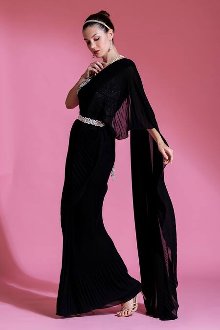 Shop Preeti Mehta Black Georgette, Chiffon Beads Round Neck Pleated Saree With Mirror Work Blouse Online at Aza Fashions Shop_Preeti Mehta_Black Georgette, Chiffon Beads Round Neck Pleated Saree With Mirror Work Blouse _Online_at_Aza_Fashions