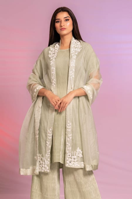 Preeti Mehta_Green Satin, Polyester, Organza Embroidery Round Pleated Plain Kurta Palazzo Set _Online_at_Aza_Fashions