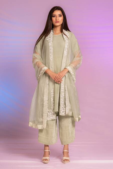 Buy_Preeti Mehta_Green Satin, Polyester, Organza Embroidery Round Pleated Plain Kurta Palazzo Set _Online_at_Aza_Fashions