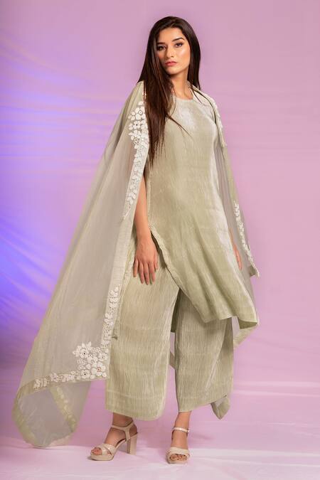 Shop_Preeti Mehta_Green Satin, Polyester, Organza Embroidery Round Pleated Plain Kurta Palazzo Set _Online_at_Aza_Fashions