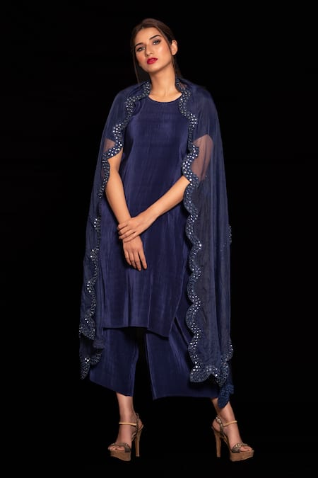 PREETI MEHTA Blue Pleated Satin Polyester Organza Placement Kurta Set With Dupatta 