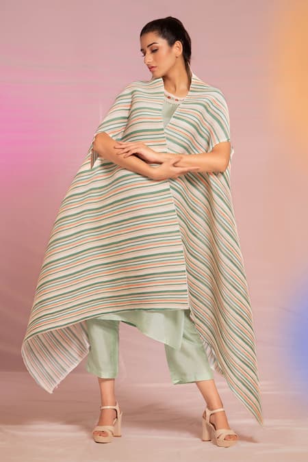 PREETI MEHTA Green Dola In 60% And 40% Cotton Striped Cape Kurta Pattern & Set 