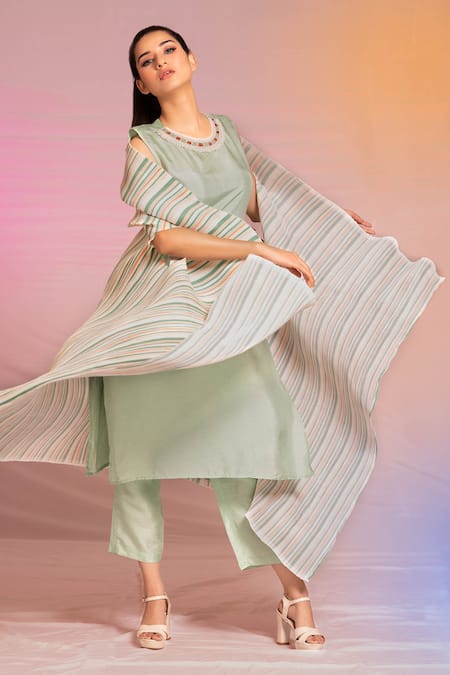 Buy Preeti Mehta Green Denim, Crepe Embroidery Round Neck Stripe Pattern Cape And Kurta Set Online at Aza Fashions Buy_Preeti Mehta_Green Denim, Crepe Embroidery Round Neck Stripe Pattern Cape And Kurta Set _Online_at_Aza_Fashions