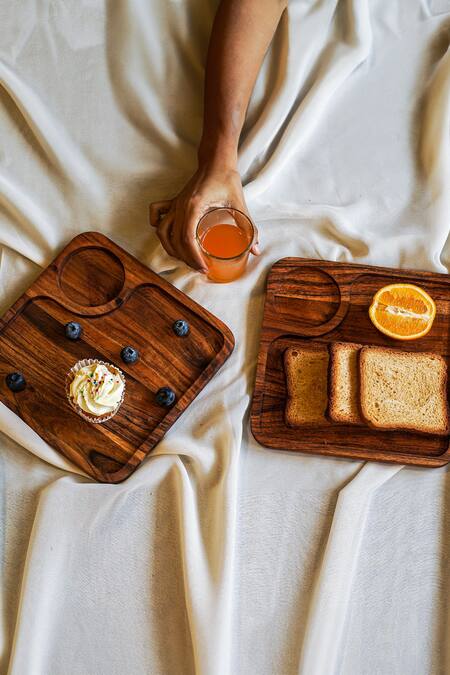 Buy_Label Reyya_Brown Wood Breakfast Tray - 3 Pcs_Online_at_Aza_Fashions