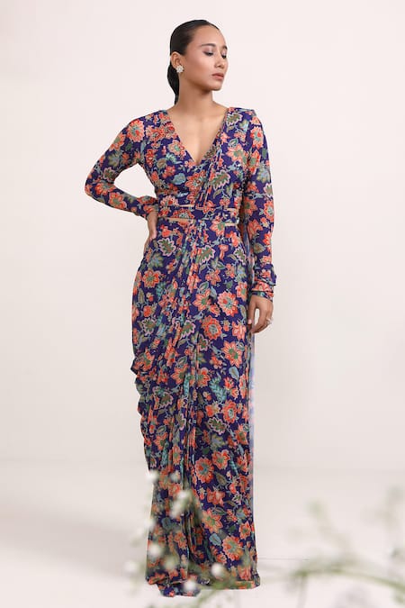 Miku Kumar Jasmine Print Pre-Draped Saree With Choli 