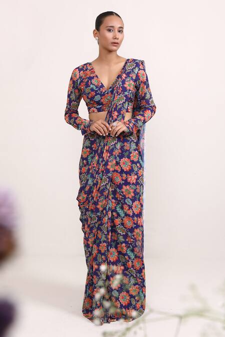 Shop_Miku Kumar_Purple Georgette Sequins, Embroidery Jasmine Print Pre-draped Saree With Choli _Online_at_Aza_Fashions