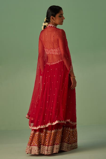 Shop Surbhi Gupta Red Denim, Bamboo, Georgette Embroidery, Placement Embellished Cape Sharara Set at Aza Fashions Shop_Surbhi Gupta_Red Denim, Bamboo, Georgette Embroidery, Placement Embellished Cape Sharara Set _at_Aza_Fashions
