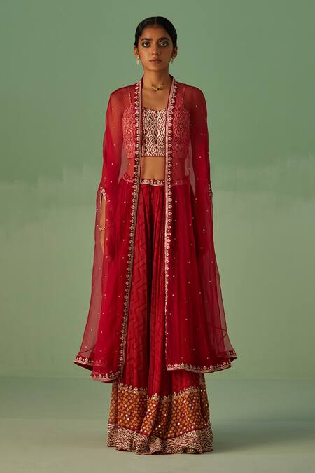 Surbhi Gupta Red Denim, Bamboo, Georgette Embroidery, Placement Embellished Cape Sharara Set Online at Aza Fashions Surbhi Gupta_Red Denim, Bamboo, Georgette Embroidery, Placement Embellished Cape Sharara Set _Online_at_Aza_Fashions