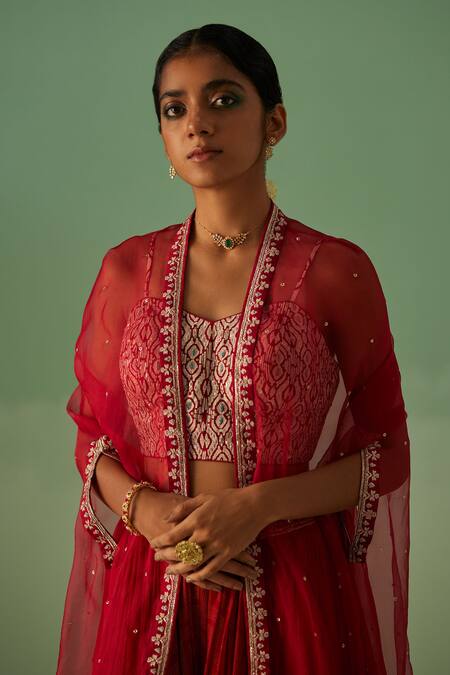 Buy Surbhi Gupta Red Denim, Bamboo, Georgette Embroidery, Placement Embellished Cape Sharara Set Online at Aza Fashions Buy_Surbhi Gupta_Red Denim, Bamboo, Georgette Embroidery, Placement Embellished Cape Sharara Set _Online_at_Aza_Fashions
