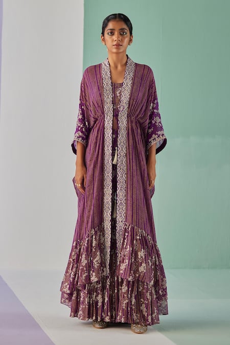 Surbhi Gupta Purple Abstract Geometric Print Cape Sharara Set Online at Aza Fashions Surbhi Gupta_Purple Abstract Geometric Print Cape Sharara Set _Online_at_Aza_Fashions