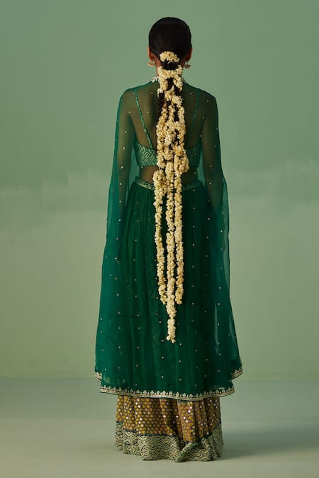 Shop Surbhi Gupta Green Bamboo Beads, Mirrors Sweetheart Organza Cape Chevron Print Sharara Set at Aza Fashions Shop_Surbhi Gupta_Green Bamboo Beads, Mirrors Sweetheart Organza Cape Chevron Print Sharara Set _at_Aza_Fashions