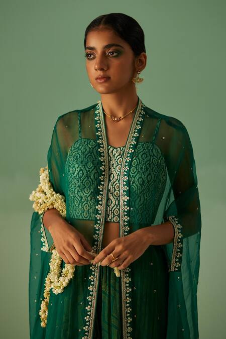 Shop Surbhi Gupta Green Bamboo Beads, Mirrors Sweetheart Organza Cape Chevron Print Sharara Set Online at Aza Fashions Shop_Surbhi Gupta_Green Bamboo Beads, Mirrors Sweetheart Organza Cape Chevron Print Sharara Set _Online_at_Aza_Fashions