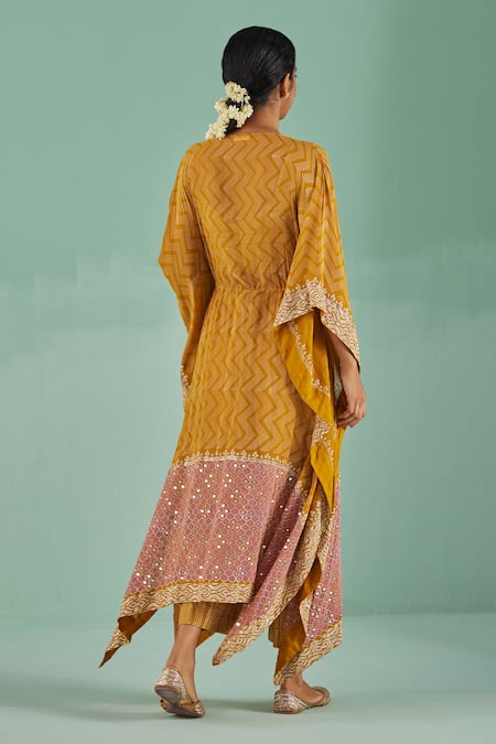 Shop Surbhi Gupta Yellow Blouse And Trouser Dull Bosky Print Mirror Chevron Front Open Set at Aza Fashions Shop_Surbhi Gupta_Yellow Blouse And Trouser Dull Bosky Print Mirror Chevron Front Open Set _at_Aza_Fashions