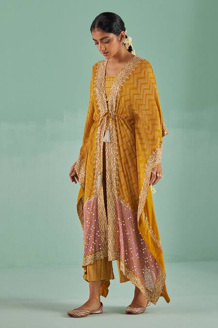 Surbhi Gupta Yellow Blouse And Trouser Dull Bosky Print Mirror Chevron Front Open Set Online at Aza Fashions Surbhi Gupta_Yellow Blouse And Trouser Dull Bosky Print Mirror Chevron Front Open Set _Online_at_Aza_Fashions