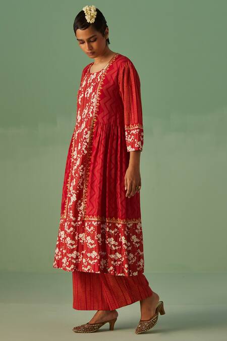 Surbhi Gupta Red Kurta Bamboo Silk Print Abstract Round Neck A Line With Trouser Online at Aza Fashions Surbhi Gupta_Red Kurta Bamboo Silk Print Abstract Round Neck A Line With Trouser _Online_at_Aza_Fashions