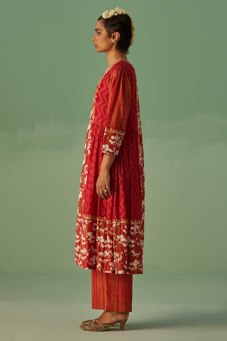 Buy Surbhi Gupta Red Kurta Bamboo Silk Print Abstract Round Neck A Line With Trouser Online at Aza Fashions Buy_Surbhi Gupta_Red Kurta Bamboo Silk Print Abstract Round Neck A Line With Trouser _Online_at_Aza_Fashions