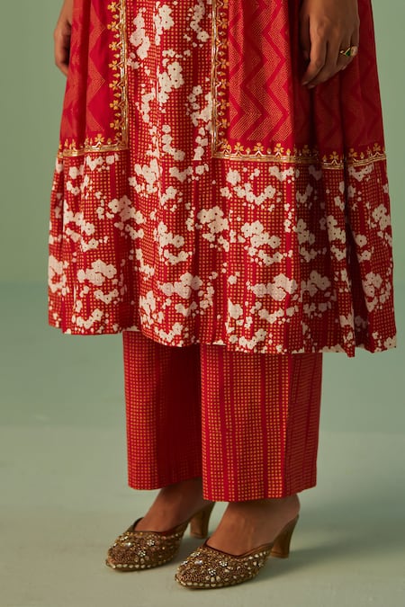Shop Surbhi Gupta Red Kurta Bamboo Silk Print Abstract Round Neck A Line With Trouser Online at Aza Fashions Shop_Surbhi Gupta_Red Kurta Bamboo Silk Print Abstract Round Neck A Line With Trouser _Online_at_Aza_Fashions