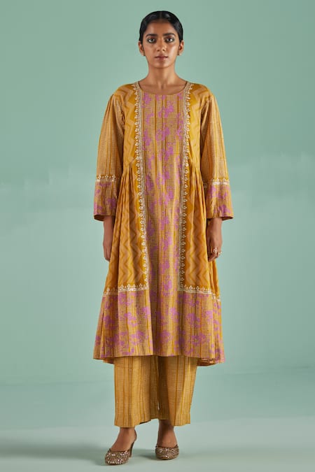 Surbhi Gupta Yellow Kurta Bamboo Silk Print Geometric A Line With Trouser  