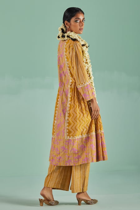 Buy Surbhi Gupta Yellow Kurta Bamboo Silk Print Geometric A Line With Trouser Online at Aza Fashions Buy_Surbhi Gupta_Yellow Kurta Bamboo Silk Print Geometric A Line With Trouser _Online_at_Aza_Fashions