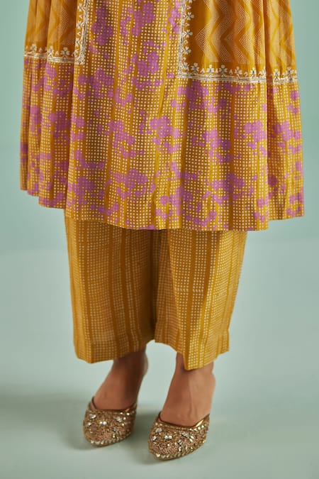 Shop Surbhi Gupta Yellow Kurta Bamboo Silk Print Geometric A Line With Trouser Online at Aza Fashions Shop_Surbhi Gupta_Yellow Kurta Bamboo Silk Print Geometric A Line With Trouser _Online_at_Aza_Fashions