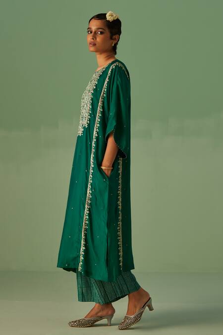 Surbhi Gupta_Green Bamboo, Silk Embroidery Round Dabka Embellished Yoke Kaftan With Trouser _Online_at_Aza_Fashions