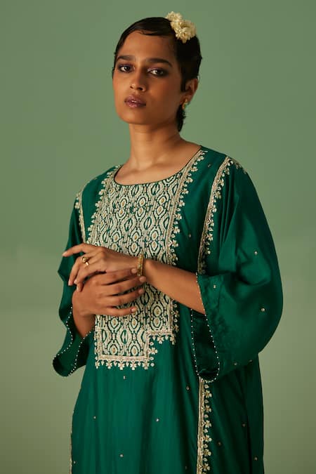 Buy_Surbhi Gupta_Green Bamboo, Silk Embroidery Round Dabka Embellished Yoke Kaftan With Trouser _Online_at_Aza_Fashions