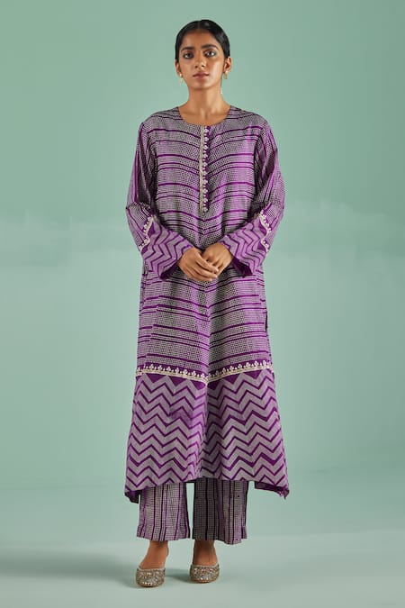 Surbhi Gupta Purple Kurta Bamboo Silk Print Block Straight With Trouser 