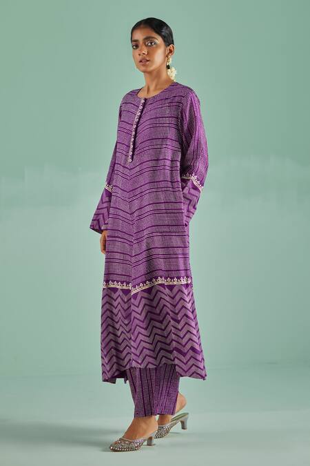Shop Surbhi Gupta Purple Kurta Bamboo Silk Print Block Straight With Trouser Online at Aza Fashions Shop_Surbhi Gupta_Purple Kurta Bamboo Silk Print Block Straight With Trouser _Online_at_Aza_Fashions
