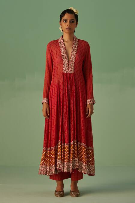 Surbhi Gupta Red Bamboo, Georgette, Denim, Organza Chevron Print Anarkali Trouser Set Online at Aza Fashions Surbhi Gupta_Red Bamboo, Georgette, Denim, Organza Chevron Print Anarkali Trouser Set _Online_at_Aza_Fashions