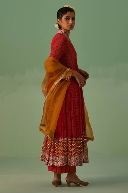 Buy Surbhi Gupta Red Bamboo, Georgette, Denim, Organza Chevron Print Anarkali Trouser Set Online at Aza Fashions Buy_Surbhi Gupta_Red Bamboo, Georgette, Denim, Organza Chevron Print Anarkali Trouser Set _Online_at_Aza_Fashions