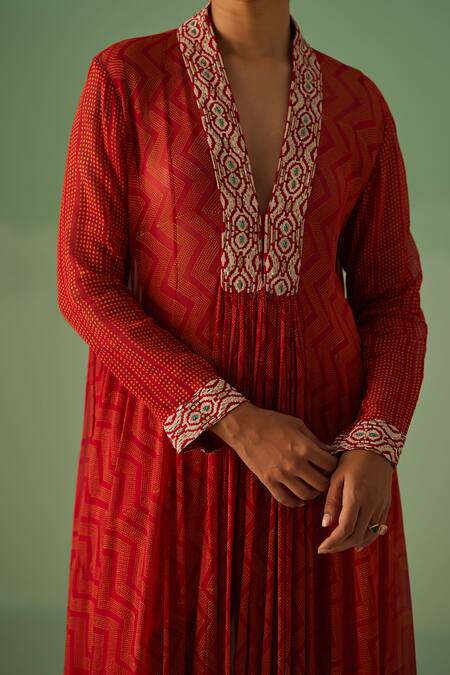 Shop Surbhi Gupta Red Bamboo, Georgette, Denim, Organza Chevron Print Anarkali Trouser Set Online at Aza Fashions Shop_Surbhi Gupta_Red Bamboo, Georgette, Denim, Organza Chevron Print Anarkali Trouser Set _Online_at_Aza_Fashions